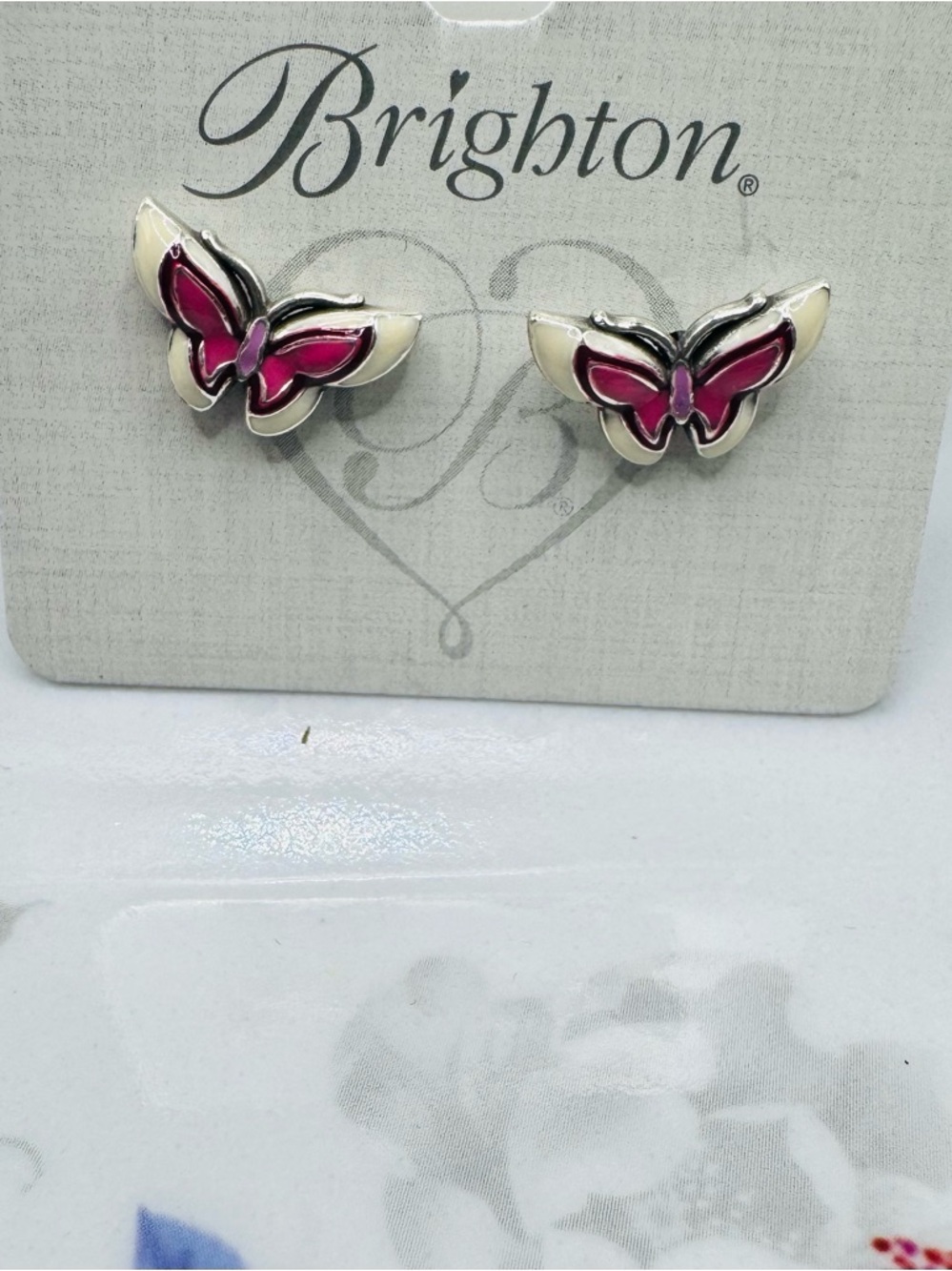 Brighton Silver-Tone Pink & Cream Butterfly Stud Earrings - Picture 3 of 4